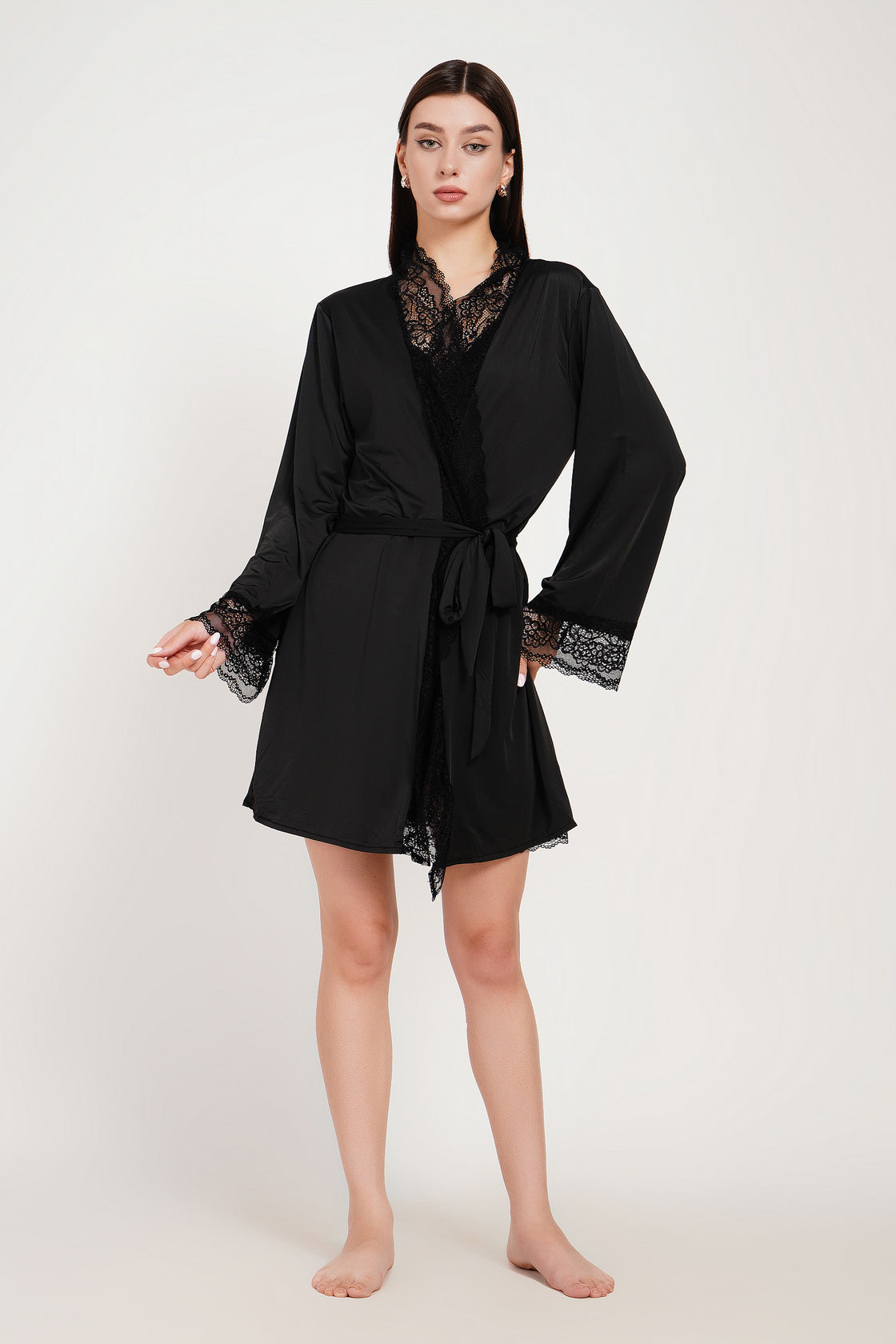 Premium Noir Elegance Lace Babydoll & Robe Set