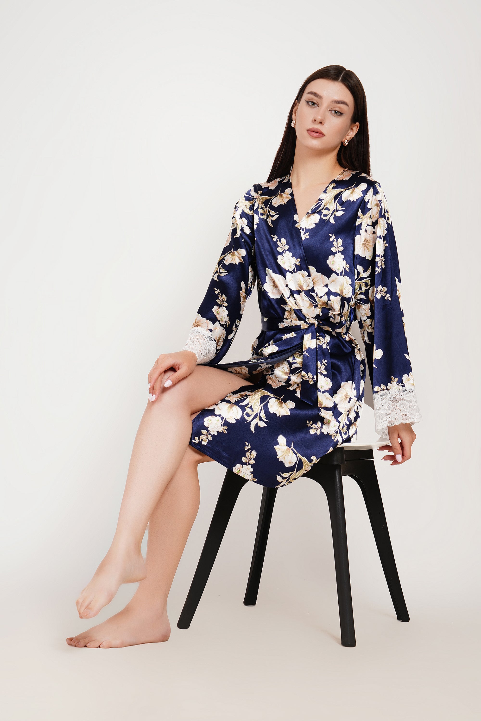 Azure Bloom Satin Wrap Robe – Luxury Floral Nightwear Kimono for Women