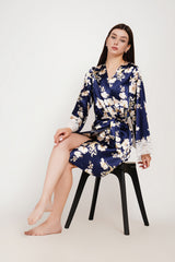 Azure Bloom Satin Wrap Robe – Luxury Floral Nightwear Kimono for Women