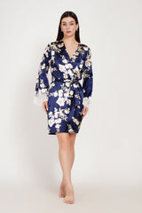 Azure Bloom Satin Wrap Robe – Luxury Floral Nightwear Kimono for Women