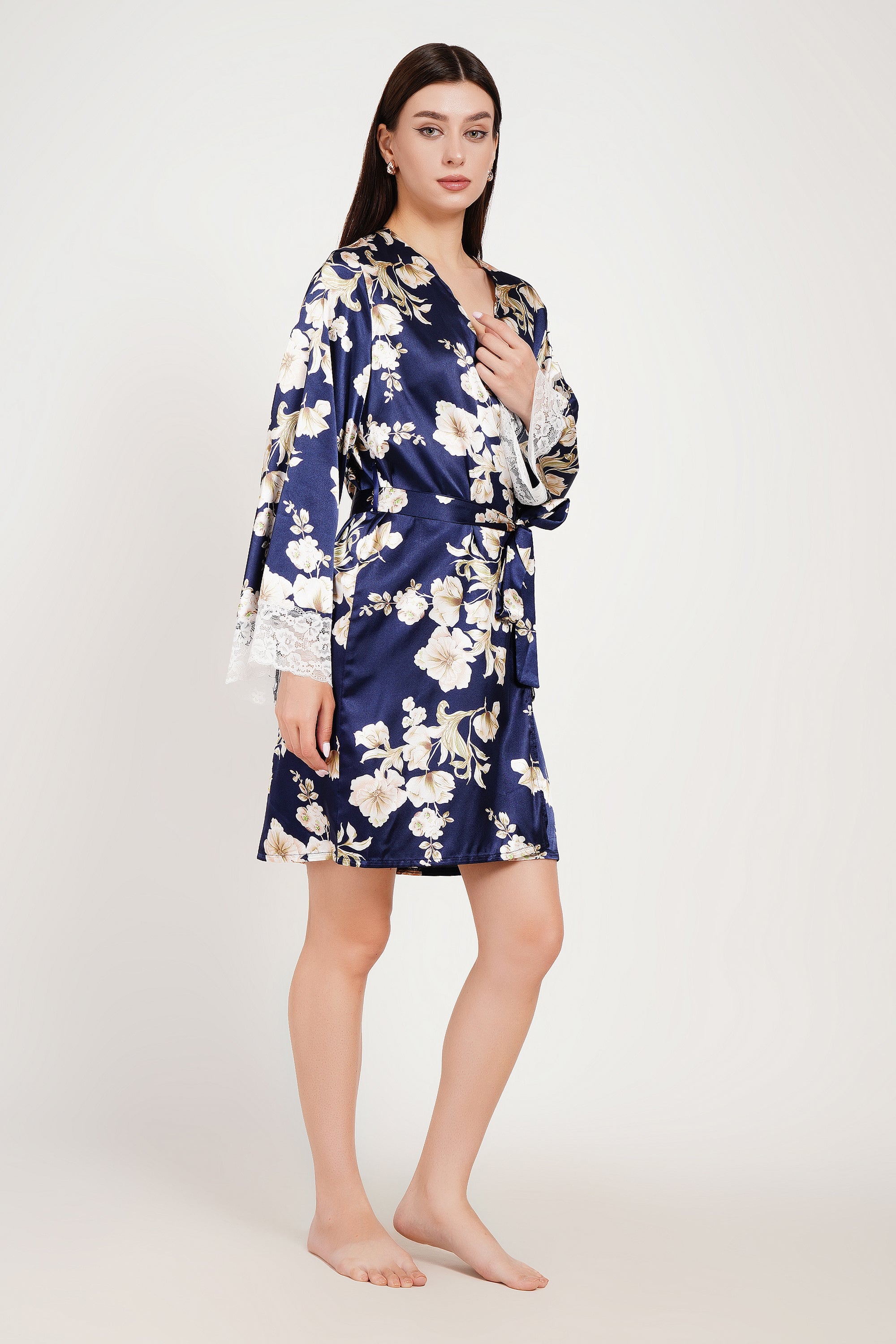 Azure Bloom Satin Wrap Robe – Luxury Floral Nightwear Kimono for Women