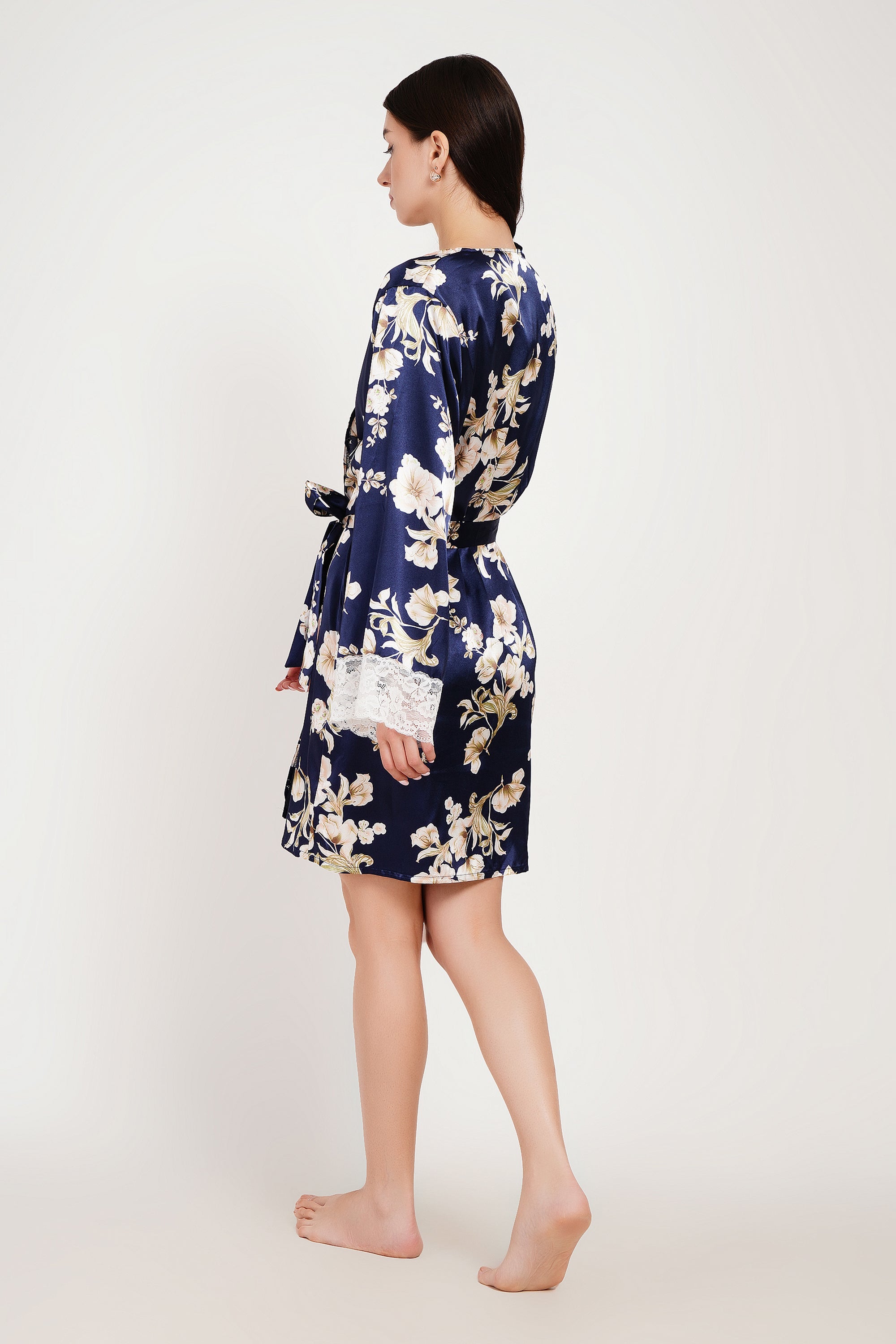 Azure Bloom Satin Wrap Robe – Luxury Floral Nightwear Kimono for Women