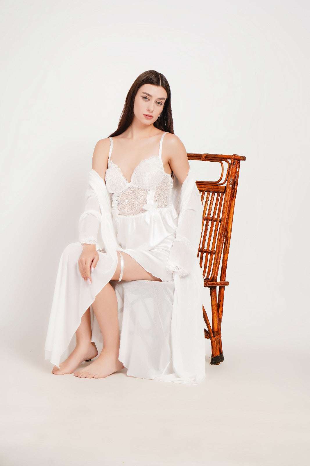 Ksvry Scarlet Satin Lace Nightdress Set with Sheer Robe